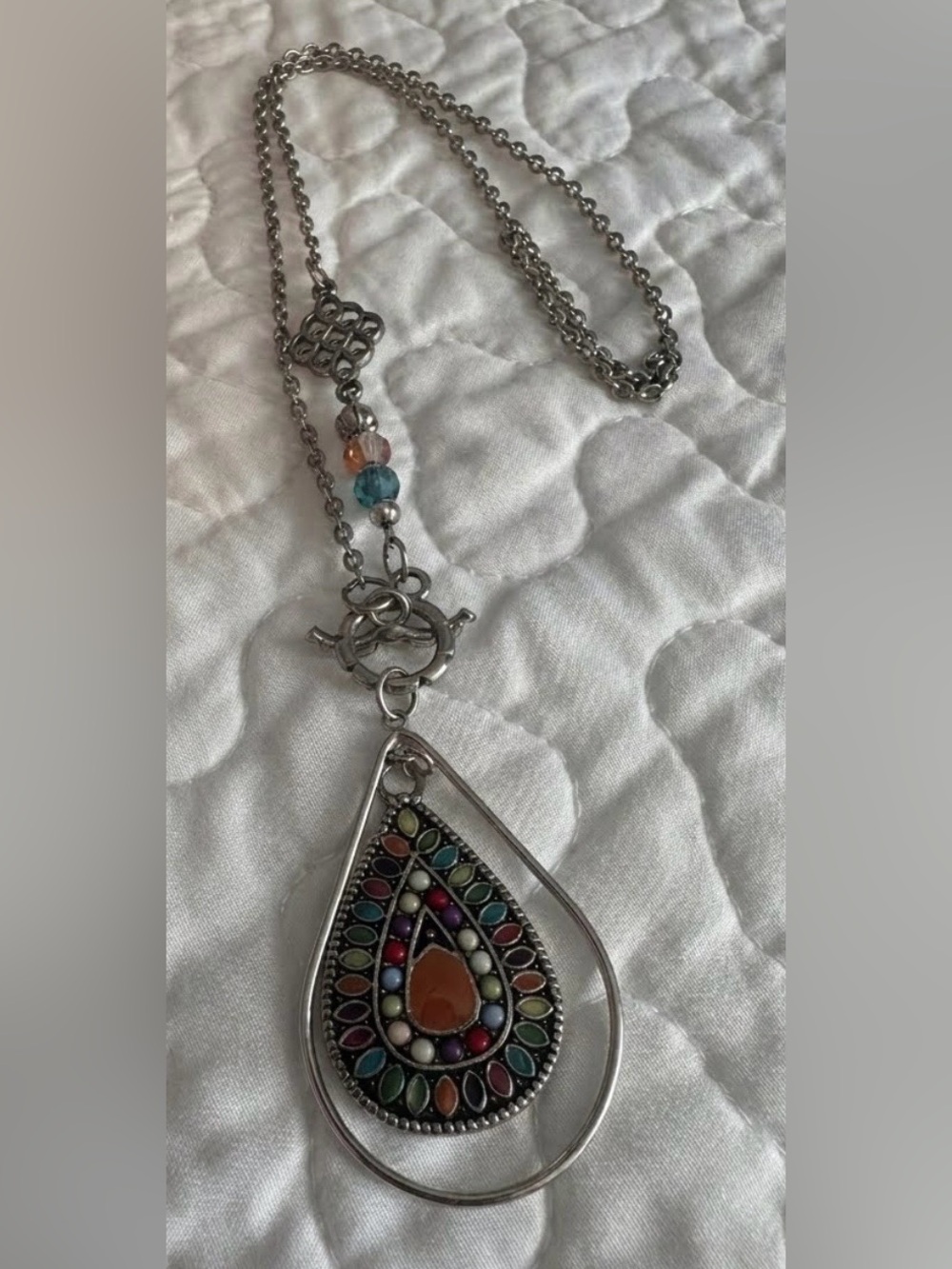 Bohemian multicolor teardrop necklace 28” total length - 14” fall